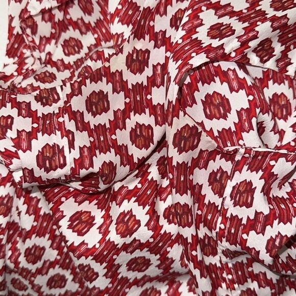 Tory Burch 10 Red White Pattern Cap Sleeve Neck Tie Silk Blouse - Picture 13 of 14